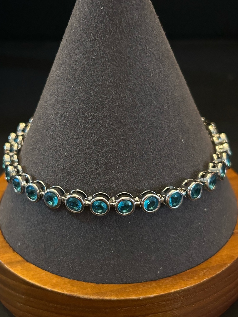 Vibrant Blue Crystal Tennis Line Bracelet in Silver Bezel Setting 8” Long
